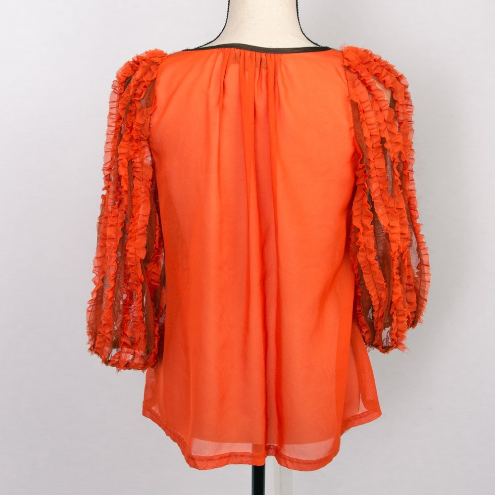 Boho sheer cutout balloon sleeve top 3/4 length sleeve rust orange Ryu S fall - Picture 2 of 10